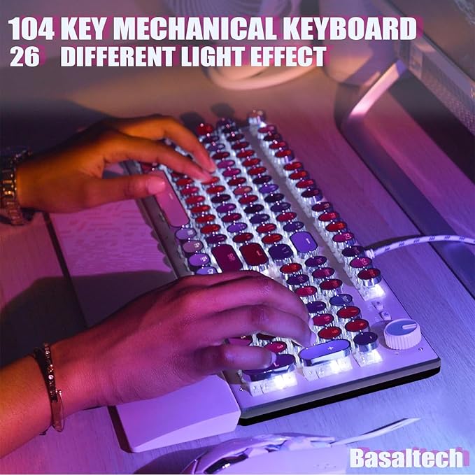 Basaltech Pink Keyboard Typewriter Style with White LED Backlight,Vintage Mechanical Gaming Keyboards with Lipstick Round Keycaps, Blue Switches 104-Keys Wired Keyboard Metal Panel for Laptop/pc