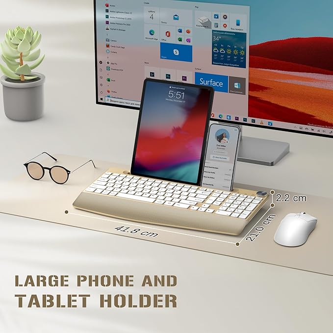 JOYACCESS Ergonomic Wireless Keyboard with Palm Rest & Tilt Angle, 2.4G Full-Size, Comfortable Typing, USB-C Adapter & Phone Holder for Mac/Windows -Gold White
