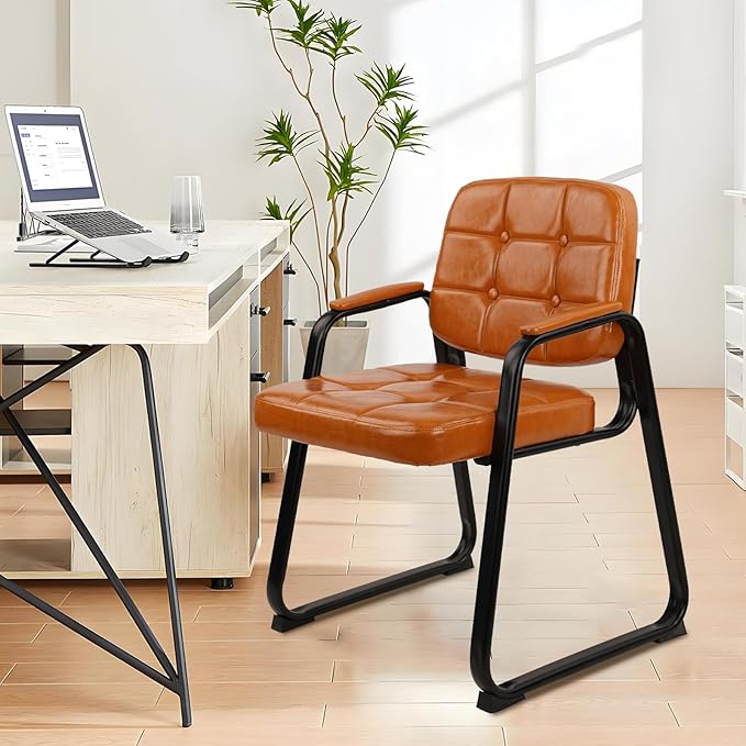 CLATINA Office Guest Chair, Leather Reception Chairs with Padded Arms, Desk Chair No Wheels Stationary for Conference Lobby Waiting Room Training Side Elderly, Set of 8-Orange