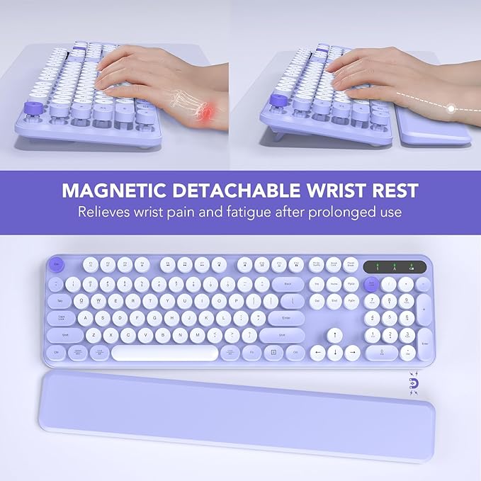 Wireless Keyboard, Round Keycaps, Retro Typewriter Keyboard with Detachable Wrist Rest, Sleep Mode, Foldable Legs, 2.4GHz Full-size Cordless Computer Keyboard for Windows/PC/Laptop (Colorful-Purple)