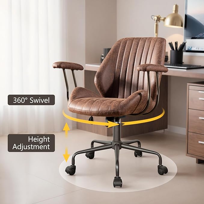 Mid Century Modren Office Chair - Mid Back Swivel Executive Chair with Lumbar Support,Ergonomic Computer Desk Chair with Wheels,Faux Lether Suede Task Chair,350lbs (Dark Brown, Mid Back)