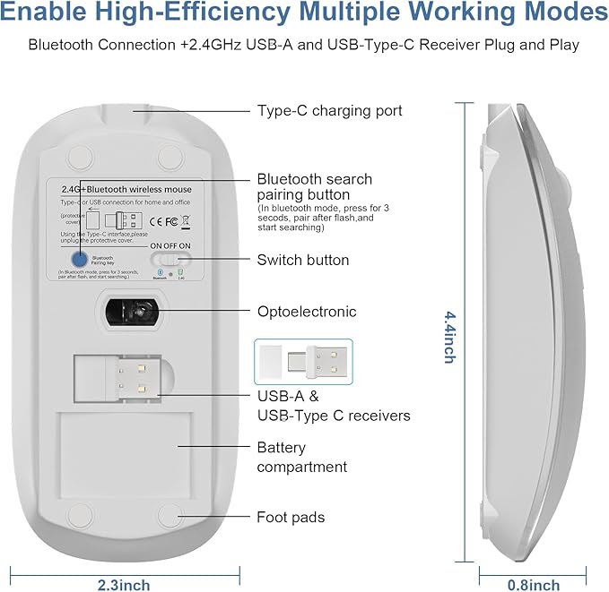 Mouse for Laptop Wireless Bluetooth - MacBook Air Mac Pro PC iPad Optical Rechargeable Silent Mouse with Jiggler Dual Mode Switch Bluetooth 5.2/3.0 and 2.4GHz USB-A and Type-C Receiver White