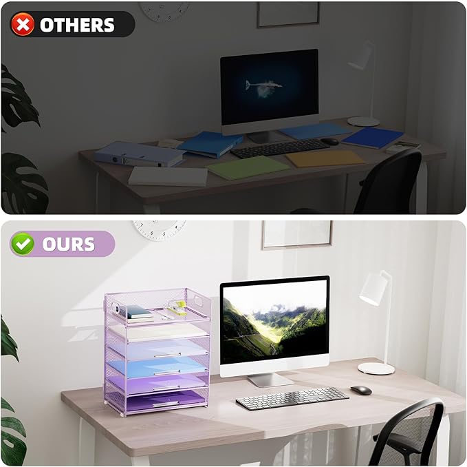 Marbrasse 2 Pack Desk Organizer with Handle, 6 Tier Paper Letter Tray, Mesh Desk File Organizer for Office, School and Home - Purple