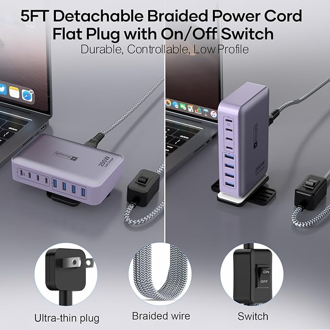 8-Port Type C Fast Charger Block 200W with Flat Plug, Braided Power Cord, and On/Off Switch- USB Charging Hub for iPhone, iPad, MacBook and More- 65W C Port Power Adapter for Laptops