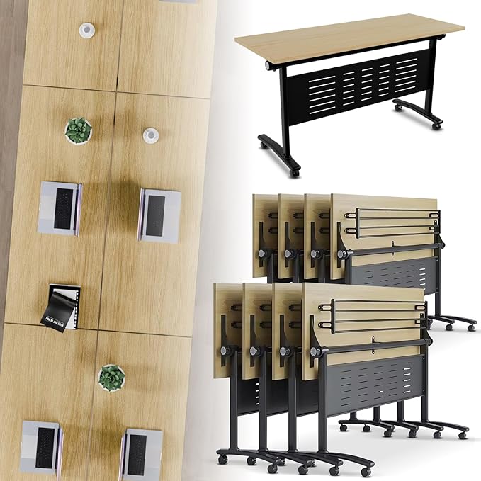Folding Conference Room Table, Modern Conference Tables with Wheels, Large Rectangular Mobile Training Tables for Office Classroom, Foldable Modular Boardroom Seminar Table Maple (8pack L70.9in)