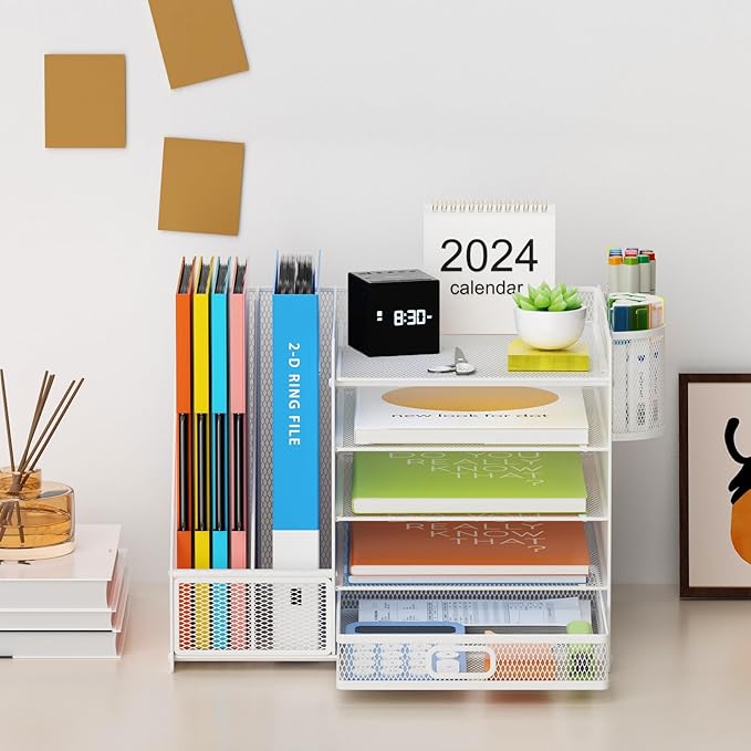Lavatino Desk Organizer with File Holder, 5-Tier Paper Letter Tray Organizer with Sliding Drawer and 2 Pen Holder, Mesh Desktop File Organizer for Office Supplies, White