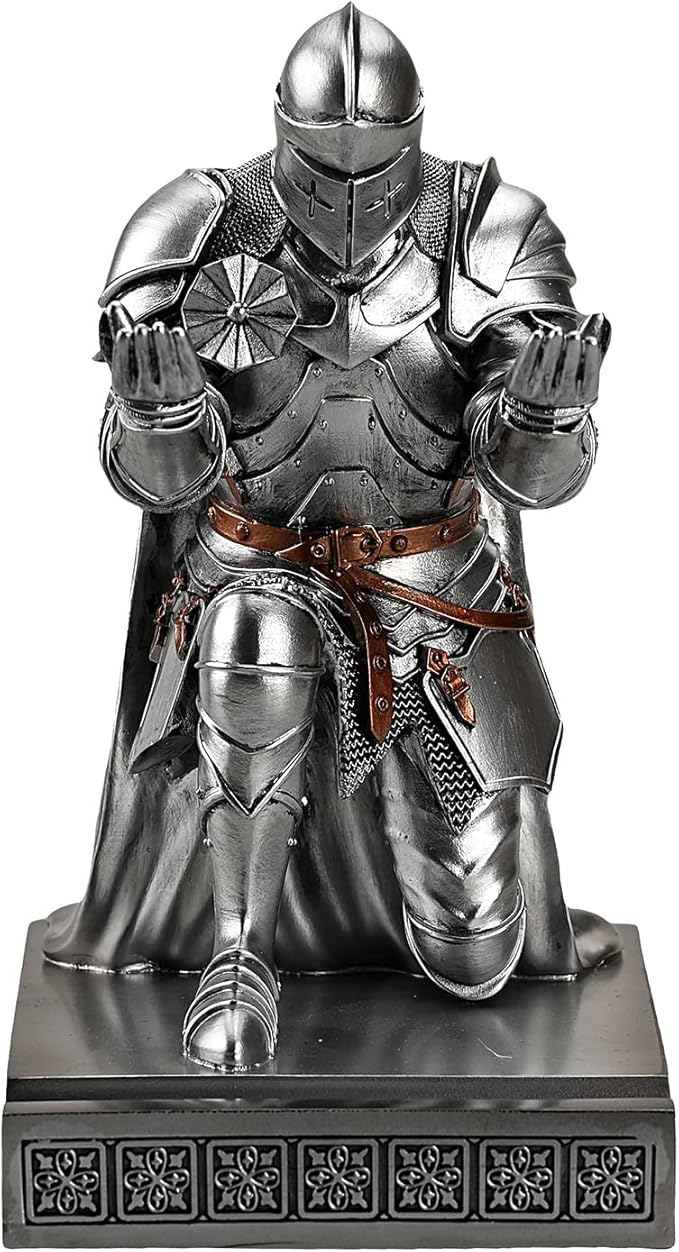 Medieval Armored Warrior Wearing Outerwear, Mobile Phone Stand Knight Pen Holder Desk Organizers, Resin Bookends Paperweight with a Letter Opener for Desk (Silver)