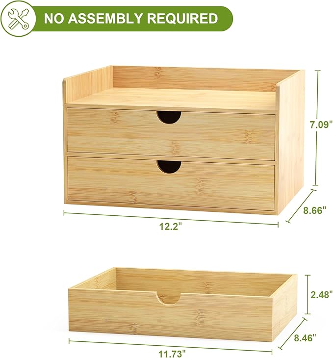 Bamboo Desk Organizer with Drawers Desktop Storage Drawers for Bills Office Supplies Kitchen Utensils Organizing Tool for Home Classroom Organization No Assembly (Nature 2 Drawer)