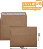 200 Qty Printable A7 Invitation Envelopes 5.25 x 7.25, Self Seal 120GSM Brown Kraft Paper Envelopes for Invitations, Papers, Photos, Documents, Wedding, Baby Shower, Easy to Seal
