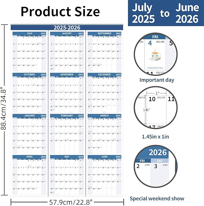 2025-2026 Wall Calendar 34.8" x 22.8" Large Vertical Yearly Wall Hanging Calenda with Julian Date from July 2025 to June 2026 Thick Paper Calendar 12 Month Annual Planner for Office Fridge(Blue)