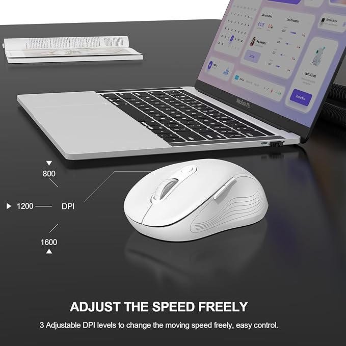 WisFox 2.4G Wireless Mouse for Laptop, Ergonomic Computer Mouse with USB Receiver and Type-C Adapter, 3 Adjustable Levels DPI, 6 Button Cordless Wireless Mice (White, 1 Pack)