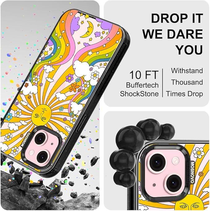 MOSNOVO Case for iPhone 15 Plus, [10ft 4X Military-Grade Drop Protection] Durable & Shockproof Phone Case Cover Design for iPhone 15 Plus / 14 Plus - 70's Psychedelic Groovy Art - Clear Black