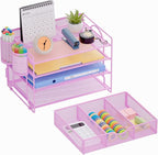 Marbrasse 4-Trays Desk File Organizer with 2 Pen Holder, Desktop Hanging File Holder with Drawer, Paper Letter Tray Organizer (Purple)