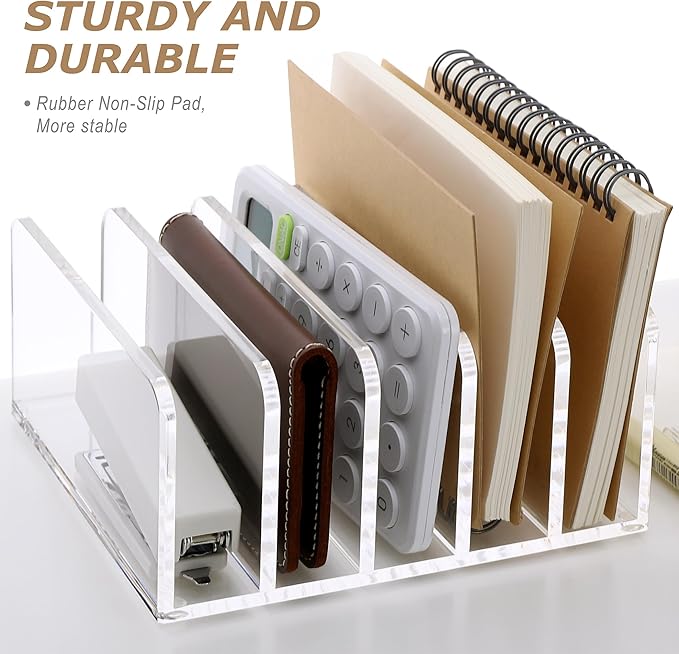 SANRUI Clear Desktop File Organizer, 5 Compartments Acrylic Office Document Sorter Mails Storage, Multifunction Letter Folder Racks Holders for Office,Home, School Desk Organization