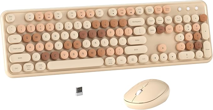 Colorful Wireless Computer Keyboard and Mouse Combo with Round Typewriter Keycaps, Retro Design, Power Switch, Ergonomic Design, 2.4GHz Wireless for Windows, Mac, PC(Milk-Tea Colorful)