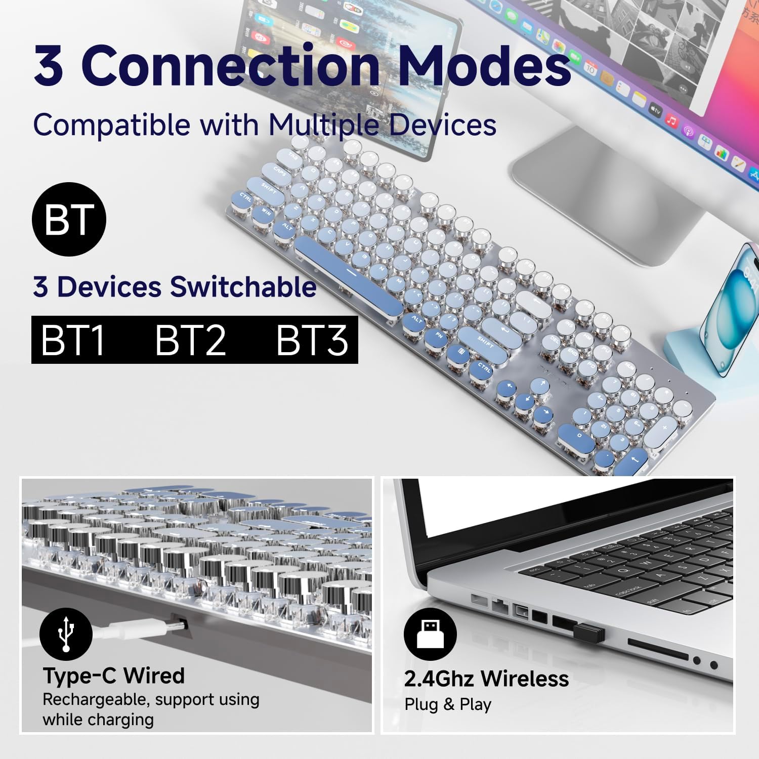 EWEADN Typewriter Keyboard Wireless Mechanical Keyboard, 104 Keys Gradient Color Typewriter Keyboards with White Backlit, Anti-Ghosting, Blue Switch Bluetooth/2.4GHz/Wired Keyboards-Blue