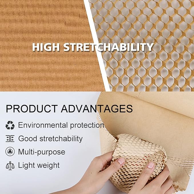 Honeycomb Packing Paper,12" W x 200' L Bubble Cushioning Wrap for Moving,Products & Gifts Wrapping Paper,Recyclable and Biodegradable Cushioning Packing Material with 20 Fragile Sticker Labels