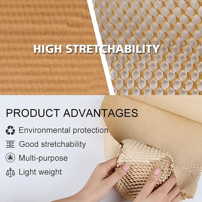 Honeycomb Packing Paper Wrap 15" x200' Sustainable Alternative to Bubble Cushioning Wrap for Moving/shipping/packing Roll with 20 Fragile Sticker Biodegradable & Fully Recylable
