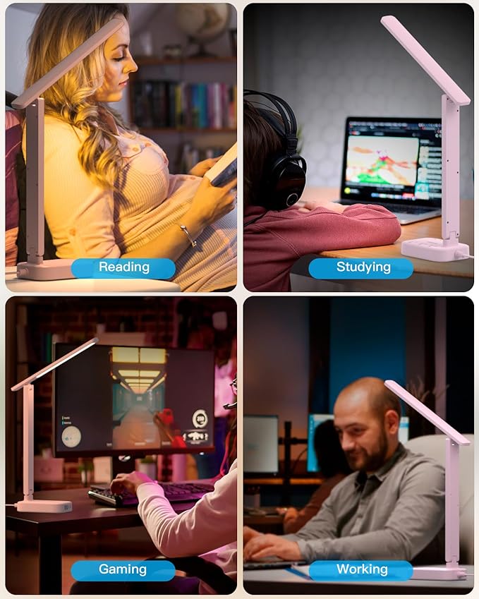 Dorm Room Essentials for Girls, Pink Power Strip with LED Desk Lamp, 3 Outlets 4 USB Ports, 4 Modes 5 Level Touch Lamp Small Desk Lamp for Home Office Bedroom Study Reading Light, 5ft Extension Cord