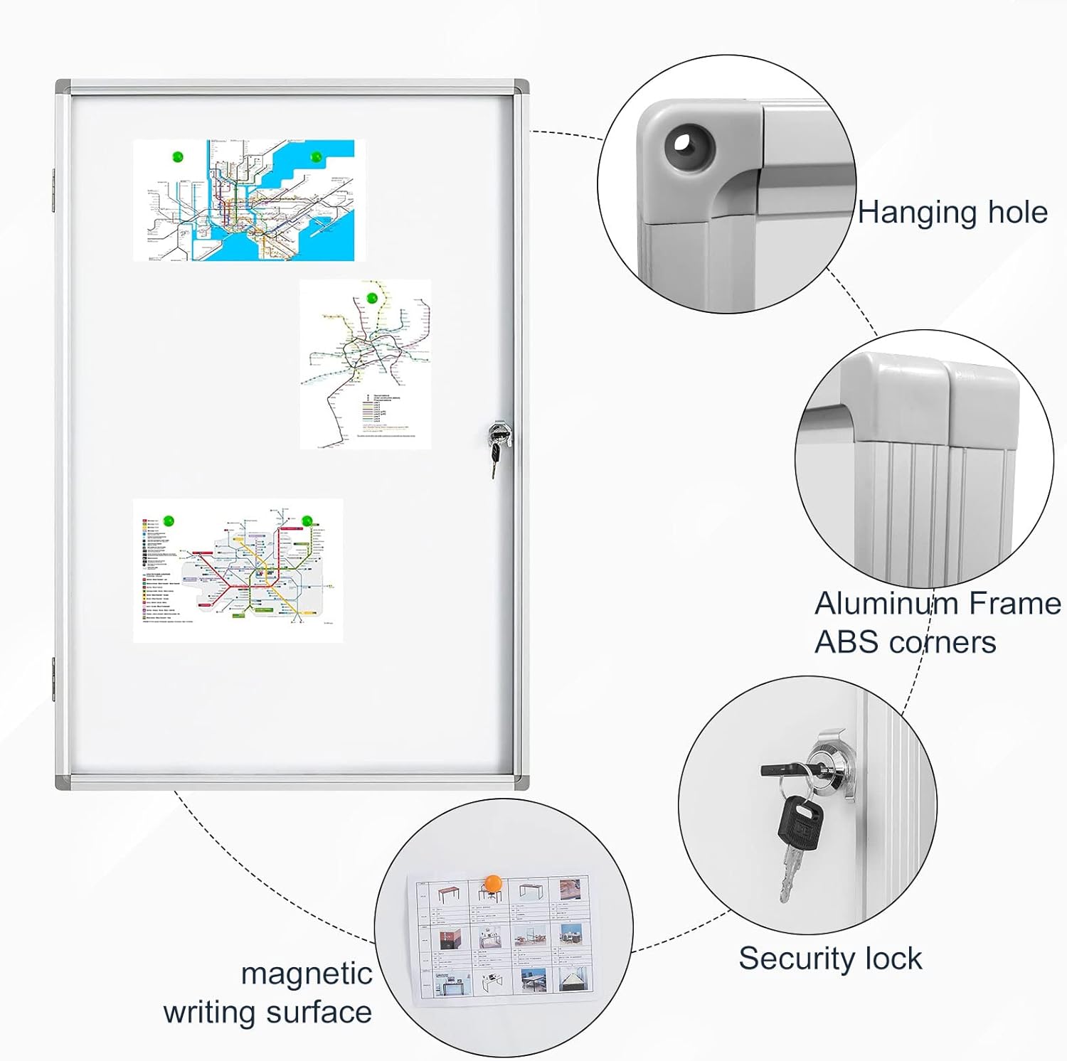 Lockable Magnetic Enclosed 36x24 inches Dry-Erase whiteboard, Tamper-Resistant Wall-Mounted Display whiteboard, Aluminum-Framed Window whiteboard (White)