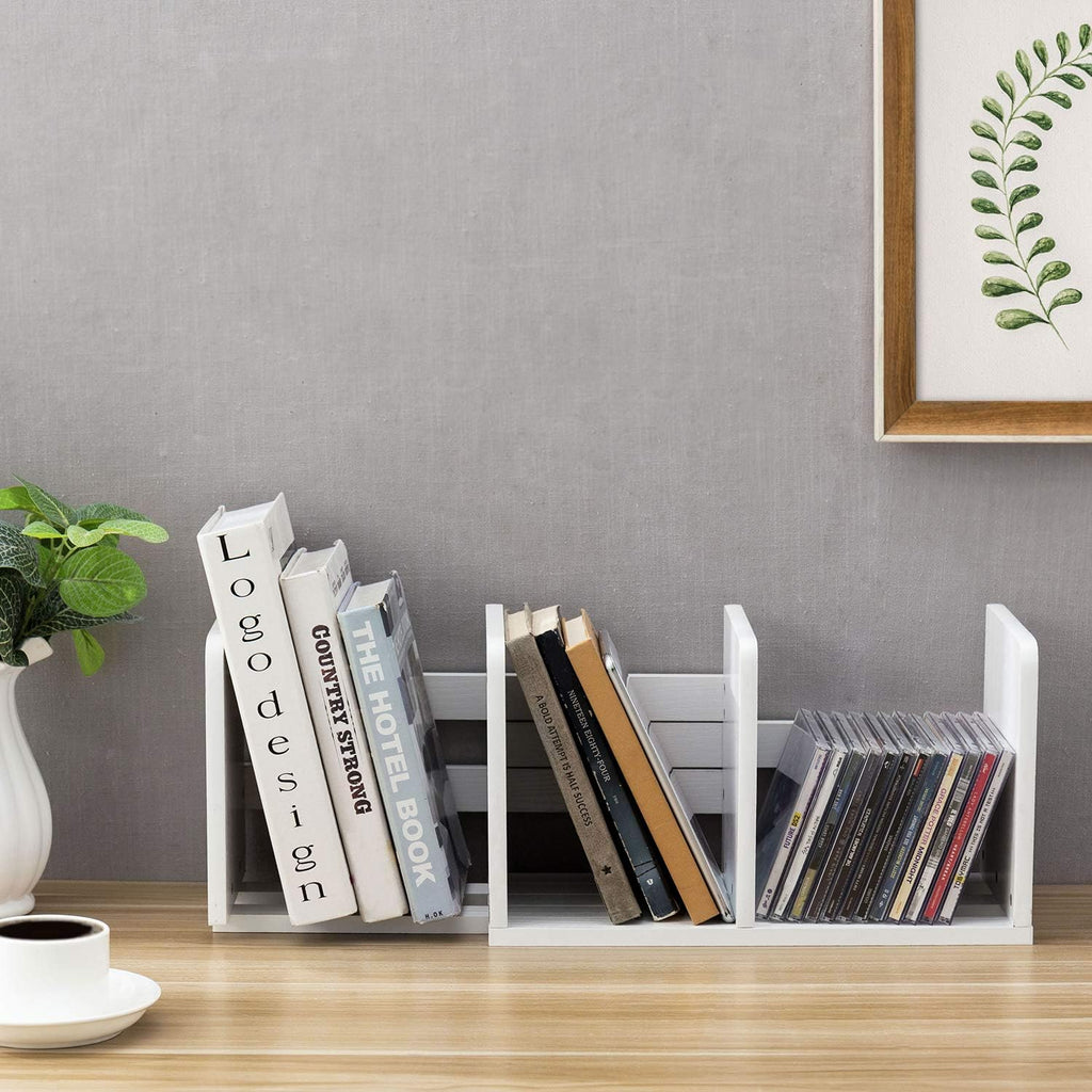MyGift White Wood Desktop Bookshelf Organizer, Expandable Adjustable Display Shelf Book Rack