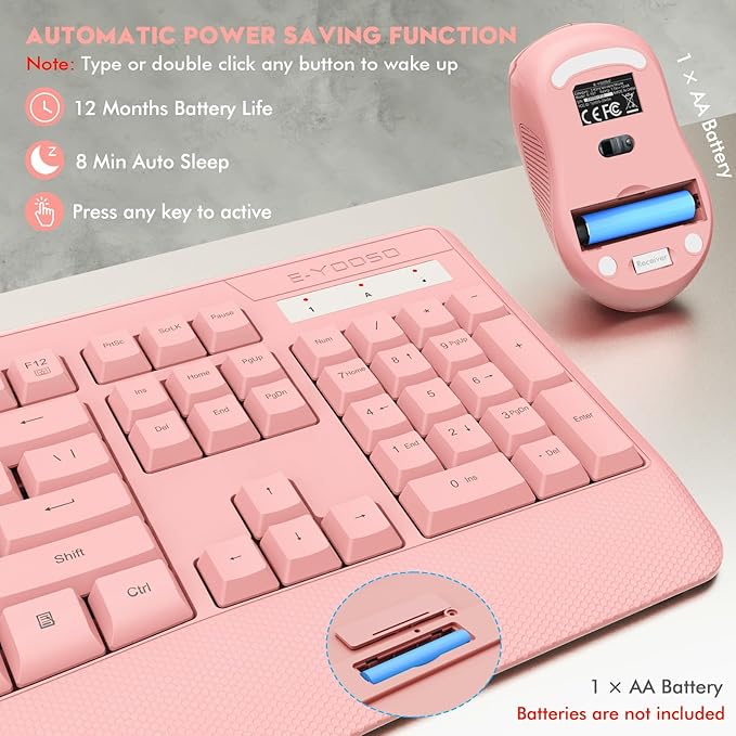Wireless Keyboard and Mouse Combo, E-YOOSO 2.4GHz Full Sized Ergonomic Wireless Keyboard with Wrist Rest, 3 DPI Adjustable and 6 Buttons Cordless USB Mouse for Computer, Laptop, PC, Windows (Pink)