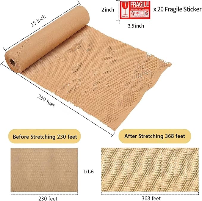 Honeycomb Packing Paper, HONSREO 15in x 300ft Eco Friendly Recyclable Cushioning Material, Bubble Wrap for Moving Shipping Breakable Supplies with 20 Fragile Sticker Lables (Brown)