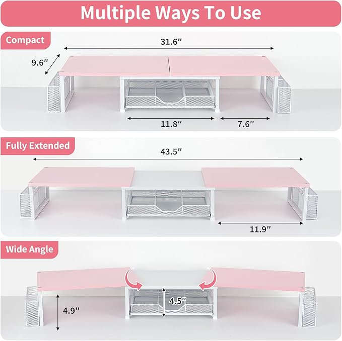 Desk Dual Monitor Stand Riser - Desk Organizer with Drawer and Pen Holders, Office Desk Accessories & Workspace Organization, Computer Monitor Stand for Laptop, Printer(Pink＆ White)