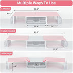 Desk Dual Monitor Stand Riser - Desk Organizer with Drawer and Pen Holders, Office Desk Accessories & Workspace Organization, Computer Monitor Stand for Laptop, Printer(Pink＆ White)