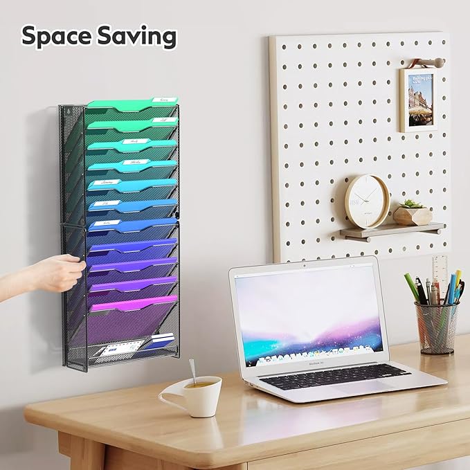 samstar 12 Tier Wall File Organizer, Hanging Wall Mount File Holder Paper Folder Mail Organizer, Mesh Metal, Black.