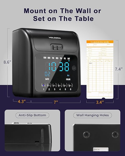 Volcora Time Clock for Employees with 150 Time Cards, 1 Ink Ribbon, 1 Rack, Punch Time Clocks Machine for Small Business with Backup Battery, Punch Clock No Key and Network Need, for Office, Retail