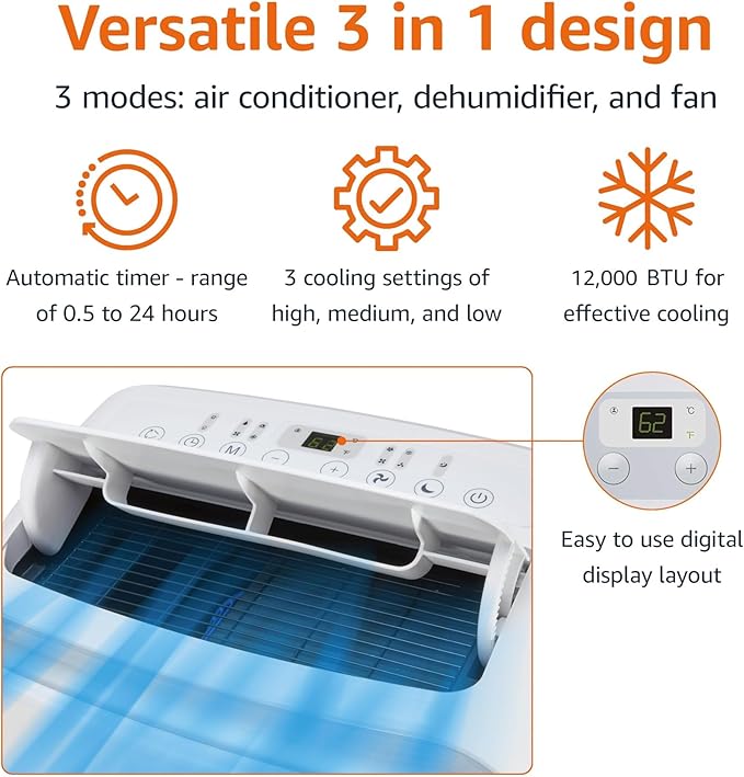 Amazon Basics 3-In-1 Portable Air Conditioner, 12000 BTU (ASHRAE), Cools Up to 550 Sqf, Portable AC with Cool/Dry (Dehumidifier)/Fan-Only Functions, Auto Mode, Sleep Mode, Timer, White