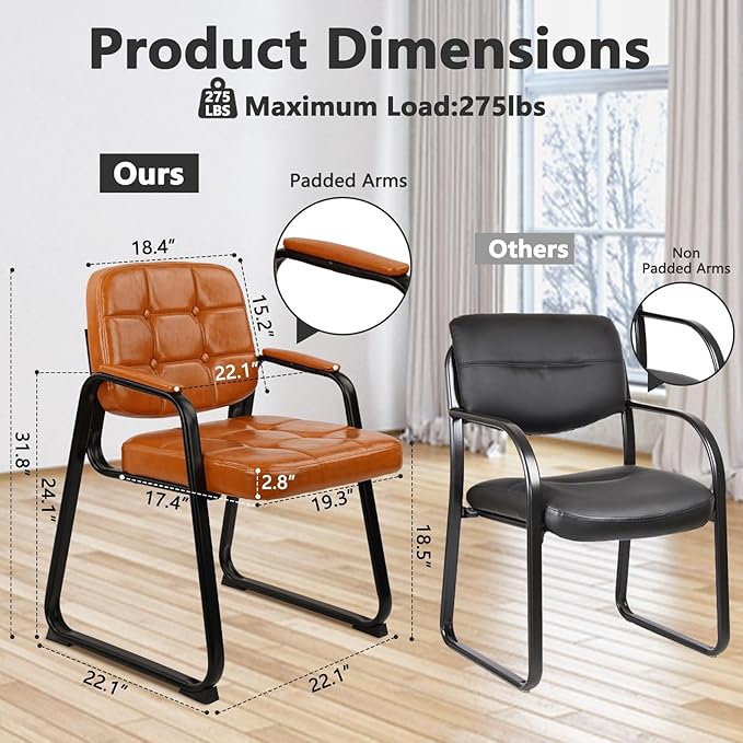 CLATINA Office Guest Chair, Leather Reception Chairs with Padded Arms, Desk Chair No Wheels Stationary for Conference Lobby Waiting Room Training Side Elderly, Set of 8-Orange