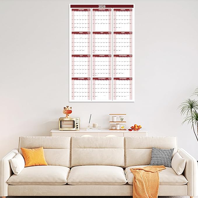2026 Wall Calendar 34.8" x 22.8" Large Vertical Yearly Wall Hanging Calenda with Julian Date Thick Paper Calendar 12 Month Annual Wall Planner for Wall Office Fridge(Red)