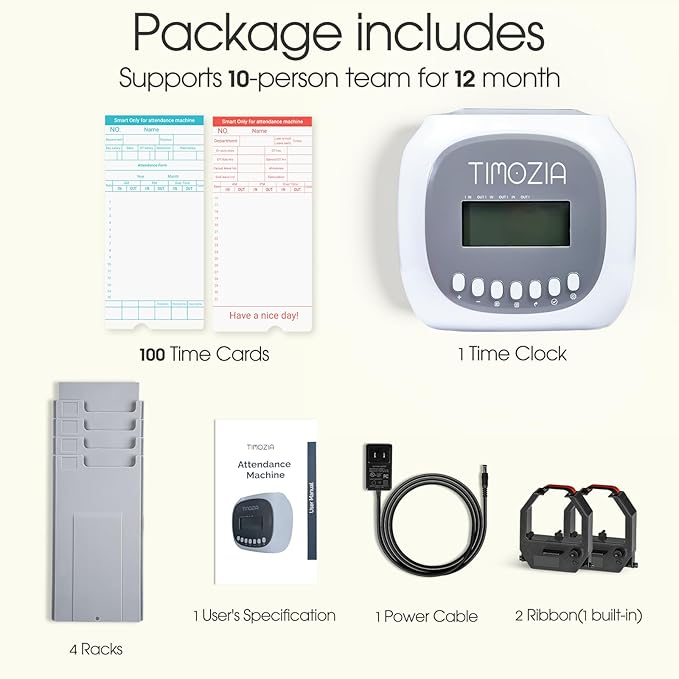 Time Clocks for Employees Small Business, Auto-Align Time Clock, 6 Punches per Day Time Machine, Clock in Machine for Employees with Time Cards, 2 Ink Ribbons and 4 Racks (White-App)