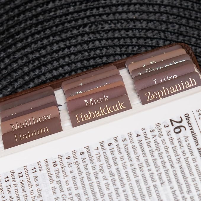 UPAFEXXI-Laminated Bible Tabs for Women and Men (Gold Foil Embossed Lettering) Reposition Large Print tabs, Easy to Read and Apply, 80 Bible Chapters Labels for Easy Navigation(Brown)