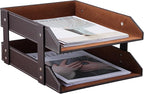 KINGFOM Letter Tray, Leather Paper Organizer Tray, Wooden Desk File Holder, Desktop File, Stackable Magazine Holder, Mail Sorter, Great for Home or Office - 2 Level Brown