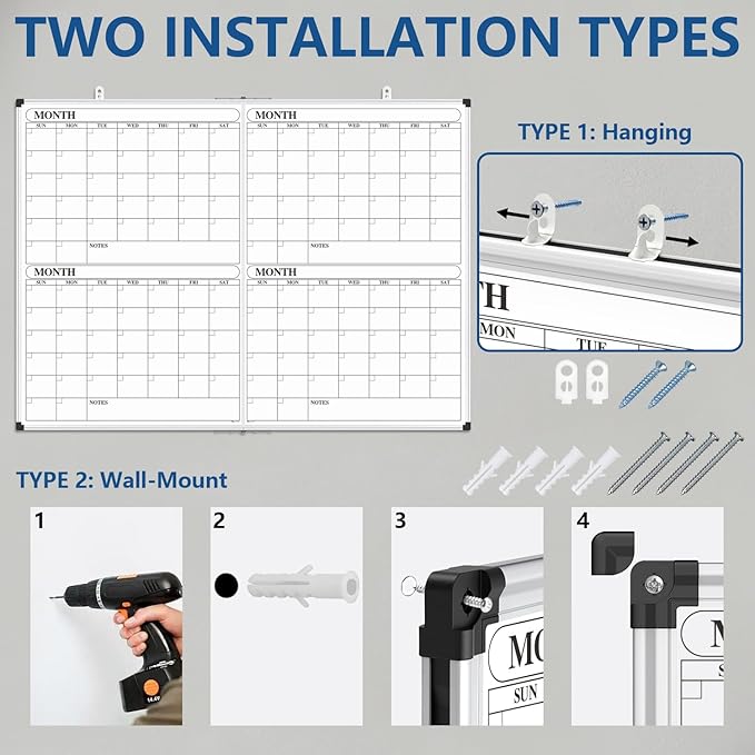 XBoard Magnetic Calendar Whiteboard 48x36 inch, 4 Month Foldable Dry Erase Board Planner, Silver Aluminium Framed White Board Calendar for Home School Office Organization