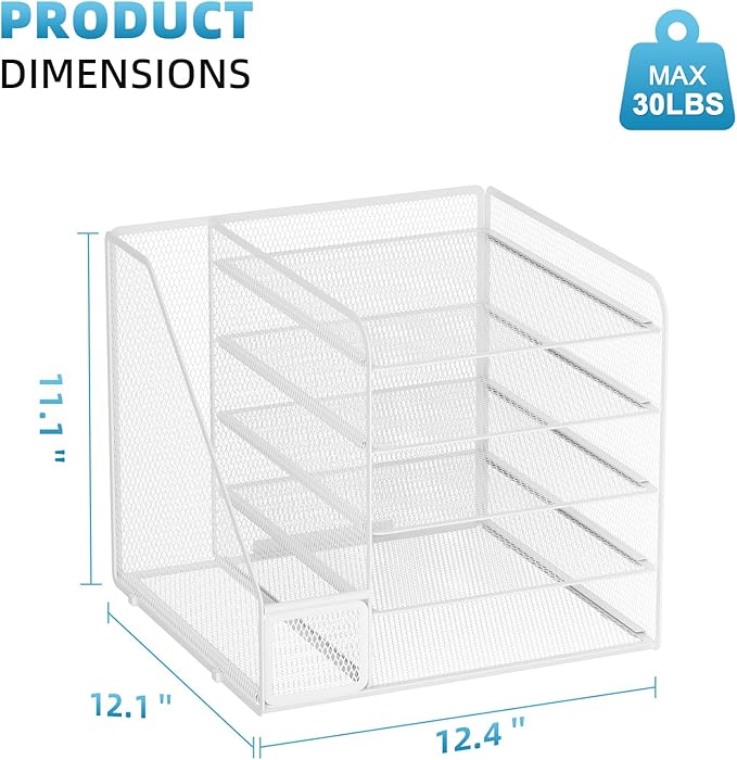 Marbrasse Desk Organizers and Accessories, 5-Tier Paper Letter Tray Organizer with File Holder, Mesh File Organizer, Office Desk Accessories & Organization for Supplies (White)