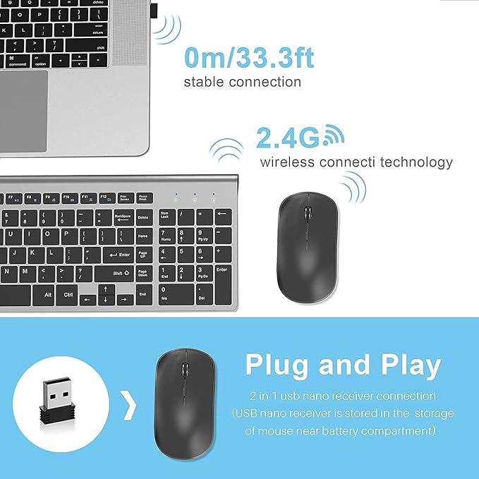 JOYACCESS Wireless Keyboard and Mouse,2.4G Ergonomic and Slim Wireless Computer Keyboard Mouse Designed for Windows, PC, Laptop,Tablet - Black Grey
