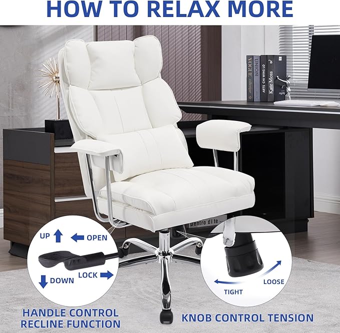 Big and Tall Office Chair 500lbs Wide Seat Executive Office Desk Chair High-Back Office Task Chair with,Ergonomic Lumbar Support Computer Office Chairs for Heavy People(White)