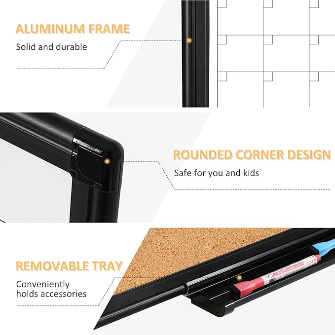 Large Dry Erase Calendar for Wall, 36"x24" Double-Sided Magnetic Whiteboard Calendar with Cork Board, Black Aluminum Frame Monthly White Board Memo Message Board for Office, Home, School