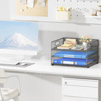 Subekyu 3 Tier Paper Letter Tray Organizer for Desk, Gray Metal Mesh Desk File Folder Sorter Organizer with Handle and Sliding Tray for Home, Office, School Supplies Organization Storage