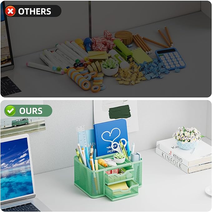 Marbrasse Mesh Desk Organizer, Pen Organizer with 2 Drawer, Multi-Functional Pencil Holder, Desk Organizers and Accessories with 5 Compartments + Drawer for Office Art Supplies (Green)