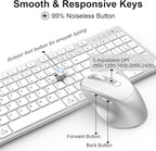 FENIFOX Wireless Keyboard and Mouse, Ergonomic Rechargeable Silent Quiet Slim Compact Full-Size USB C with Number Pad Flat Soft Cover for PC Computer Laptop Mac MacBook iMac TV Windows - Silver White