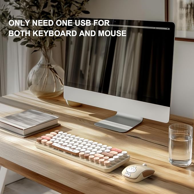 FOPETT Wireless Keyboard and Mouse Cute Mouse and Keyboard 2.4G Wireless Keyboards with Colorful 68 Keys Typewriter Retro Round Keycap for PC, Laptop,Tablet,Computer Windows - Milk Tea Colorful