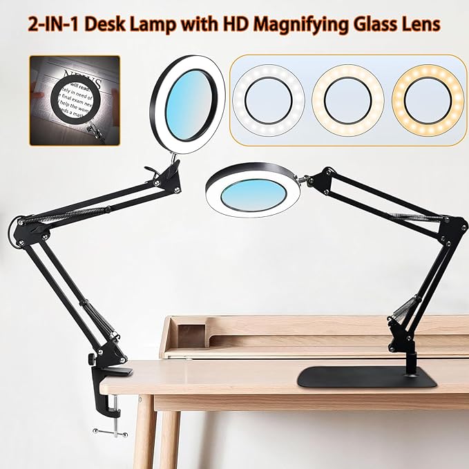 15X Magnifying Glass Lamp with Clamp and Stand, 72 LEDs Desk Lamp with 3 Color Temperatures and 10 Levels Adjustable Brightness for Diamond Art Accessories Hobbies Crafts Reading Close Work Magnifier
