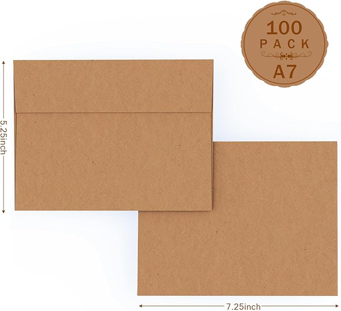 A7 Brown Kraft Envelopes Self Seal 100 Pack 120 GSM，Goefun Printable 5x7 Envelopes for Invitation, Mailing, Weddings, Business, Birthday, Photos, Documents and DIY Cards