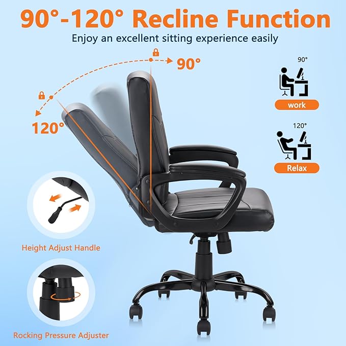 CLATINA Mid Back Leather Office Executive Chair with Lumbar Support and Padded Armrestes Swivel Adjustable Ergonomic Design for Home Computer Desk