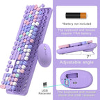 Colorful Wireless Computer Keyboard and Mouse Combo with Round Typewriter Keycaps, Retro Design, Power Switch, Ergonomic Design, 2.4GHz Wireless for Windows, Mac, PC(Purple-Colorful)